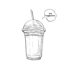 Illustration hand drawn Ice Cappuccino with mile foam ink style on white background.