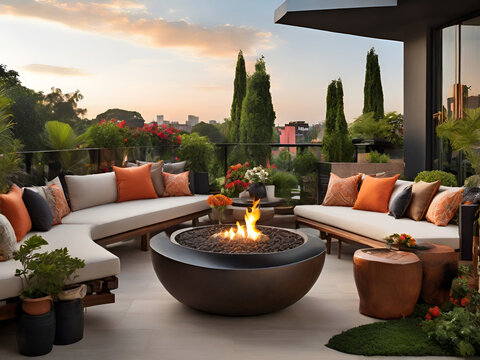 Apartment building's rooftop terrace has an open-air design. It includes grey couches and a pool area with seats. The pool area has a glass roof. The terrace offers a view of the city skylin