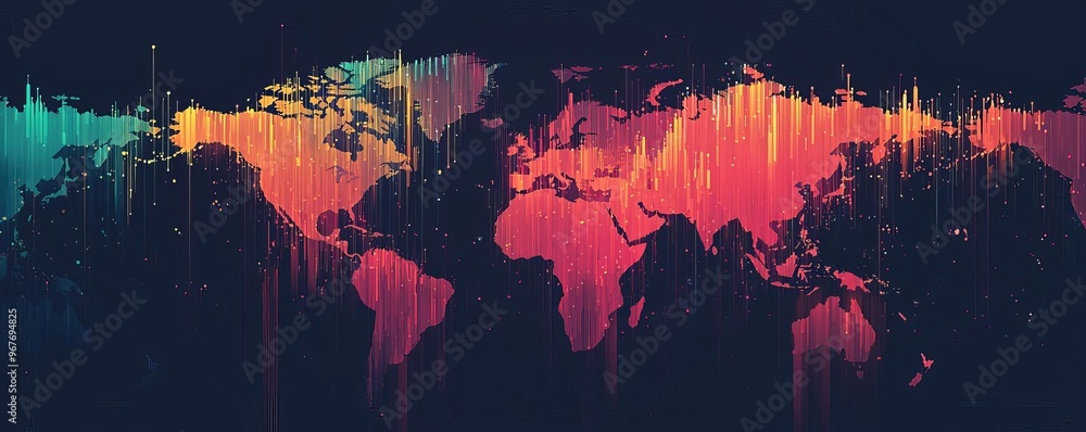 Poster colorful world map design showcasing global connectivity and data visualization in a modern aestheti
