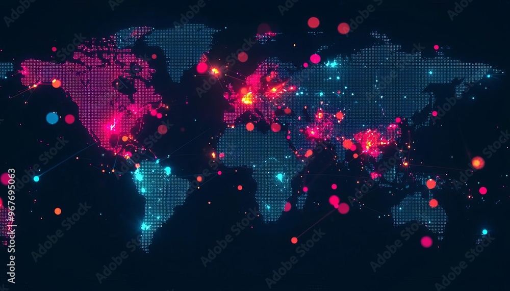 Poster a vibrant digital world map showcasing glowing networks and data visualizations across continents, h