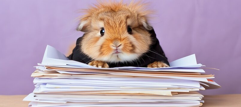 Exhausted Bunny Lawyer In Suit With Pile Of Paperwork. Office Work Overtime Concept.