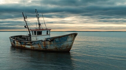 Obraz premium An Old, Rusted Fishing Boat Anchored in Calm Waters