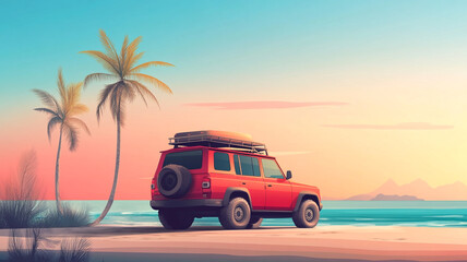 A vintage SUV parked on a serene beach at sunset with palm trees and gentle waves in the background