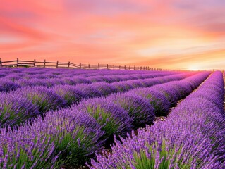 Obraz premium Stunning lavender field at sunset with vibrant colors and rows of blooming flowers creating a picturesque landscape.