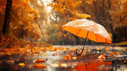 A vibrant orange umbrella stands open on a leaf-strewn pathway during a gentle autumn rain shower, capturing the enchantment of the season.