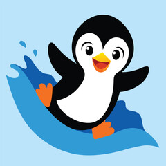Naklejka premium Cute baby penguin sliding on ice, a vibrant vector illustration perfect for children's designs.