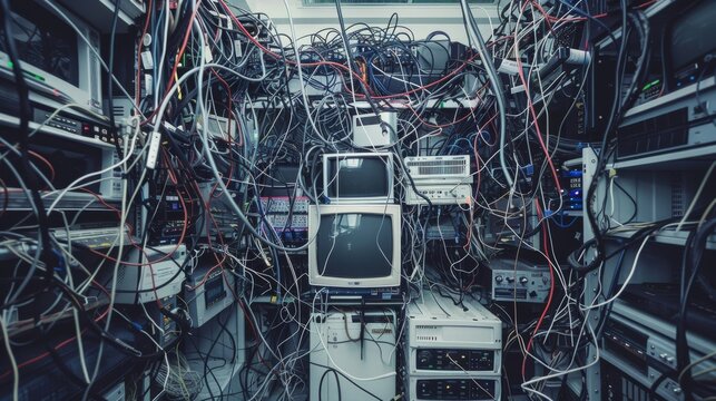 A cluttered server room filled with tangled wires and racks of equipment, depicting the complexity of modern IT infrastructure.