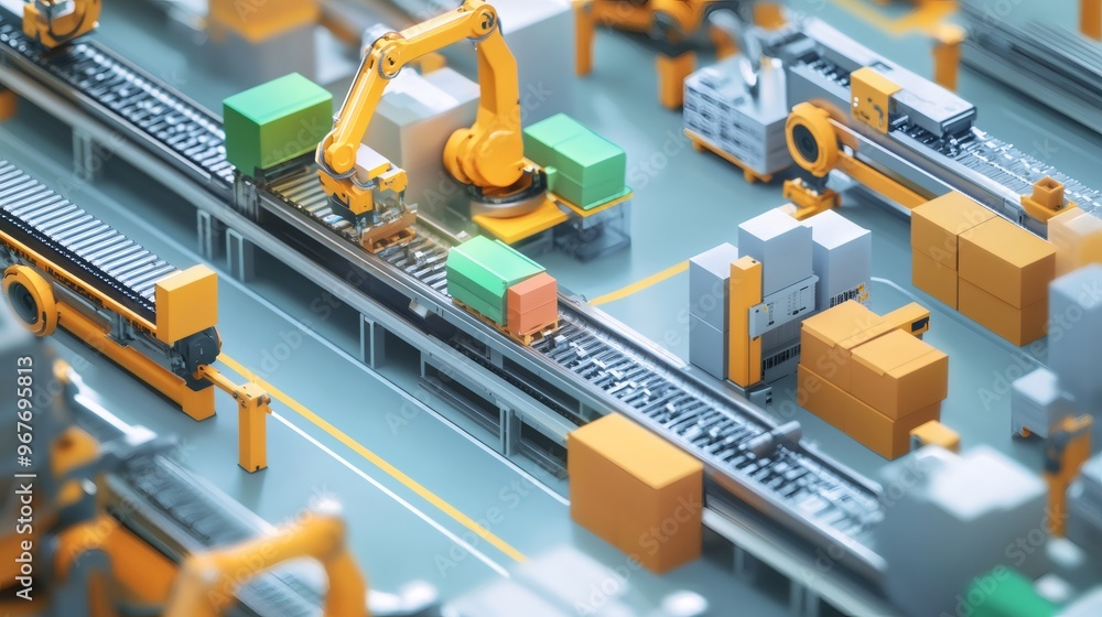 Poster a robotic arm moves boxes on a conveyor belt in a factory setting.