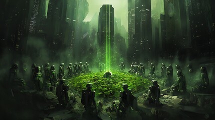 Obraz premium A group of humanoid robots forming a protective circle around a single thriving plant in the middle of a deserted, futuristic metropolis.