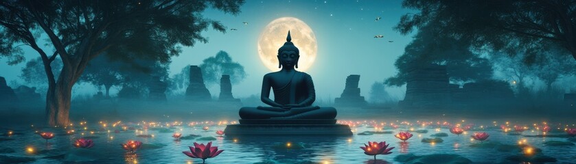 A serene Buddha statue surrounded by glowing lotus flowers, reflecting calm energy under a luminous moonlit sky.