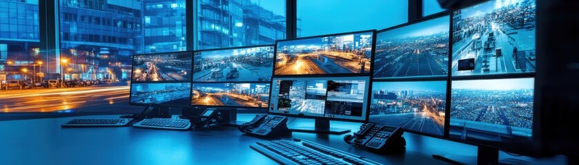 High-tech control room featuring multiple monitors displaying urban surveillance footage and data analytics in a blue ambiance.