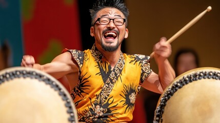 A man in a yellow shirt and glasses playing drums, AI