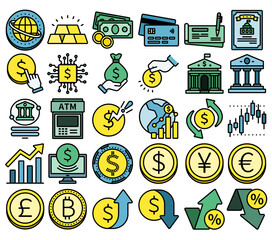 Currency, economy, finance icons set, money market