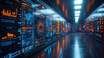 An office filled with data-driven project management dashboards, monitoring project deadlines and progress.