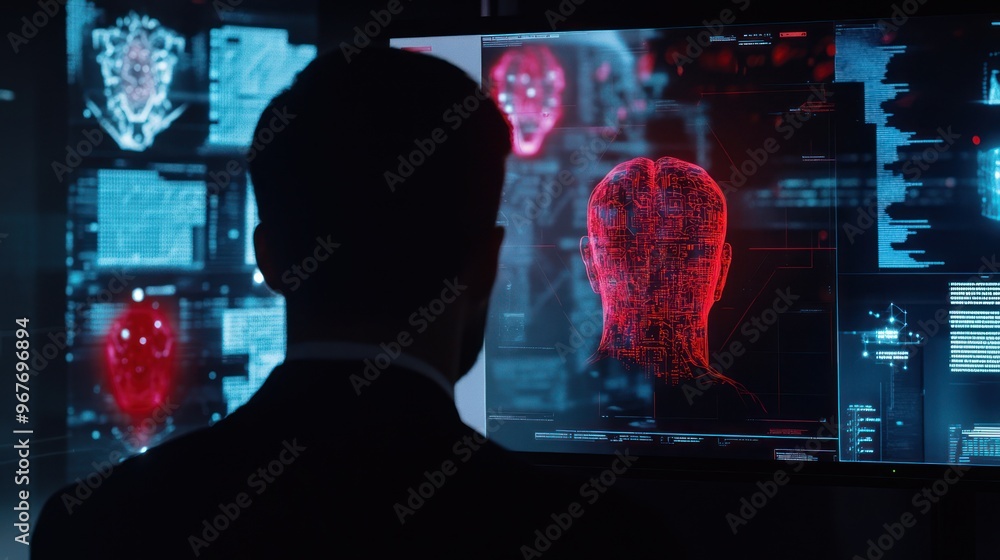 Poster man looking at ai image on screen