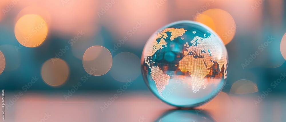 Poster a close-up of a globe with a blurred background, symbolizing global connectivity and travel in a mod