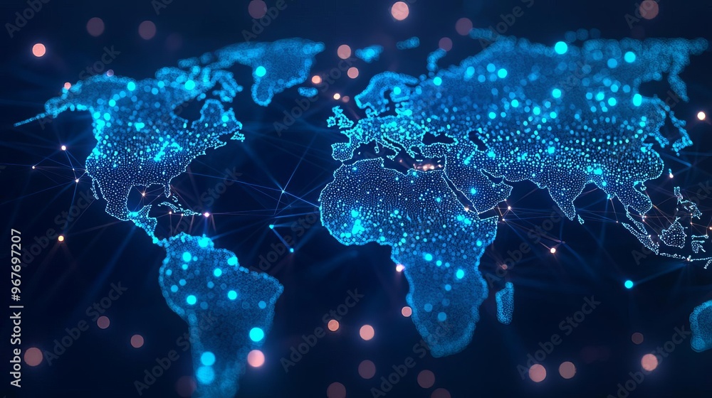 Poster a digital world map with glowing blue connections representing global networks and data flow, ideal 