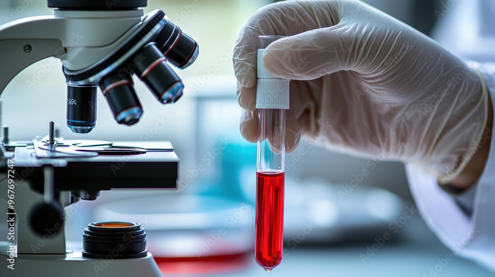 Aufkleber scientist conducting scientific experiment in laboratory using microscope and tube