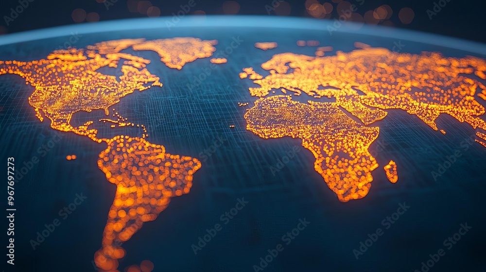 Poster a glowing world map illuminated in orange, showcasing continents against a dark background for a mod