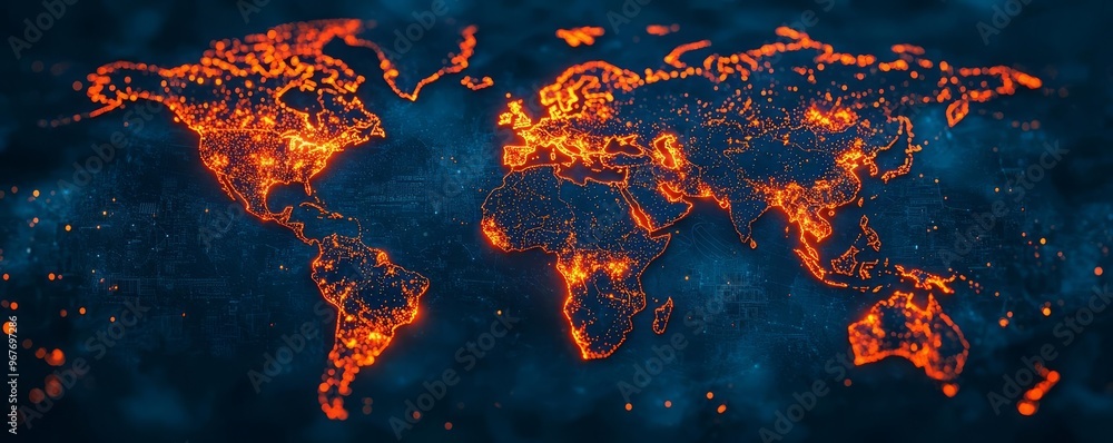Poster a stunning visualization of the world map illuminated by fiery lines, representing energy and connec