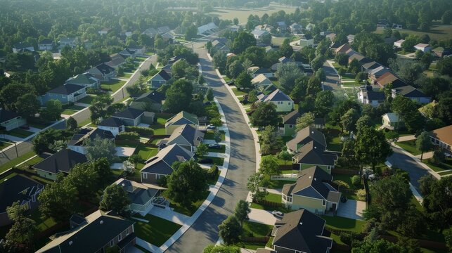 Aerial view of a placid suburban neighborhood with neatly lined houses, lush greenery, and winding roads on a sunny day.