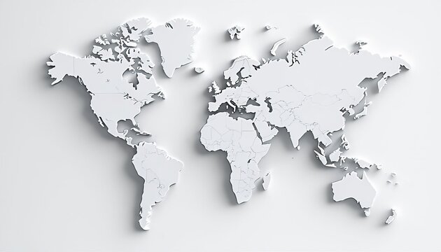 Mapa Mundi branco com relevo e sombras, fundo branco.