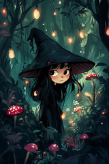 Cute cartoon witch character in fantasy forest