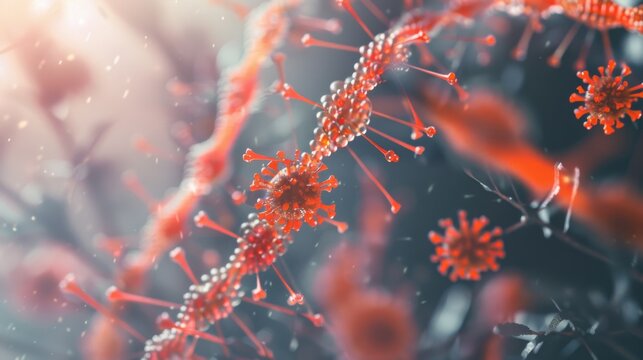 An intricate depiction of virus particles and DNA strands, focusing on the delicate yet perilous interaction between virus and host.
