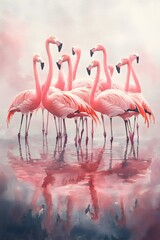 Obraz premium Ethereal Flamingo Flock Wading in Tranquil Watercolor Lake Reflection