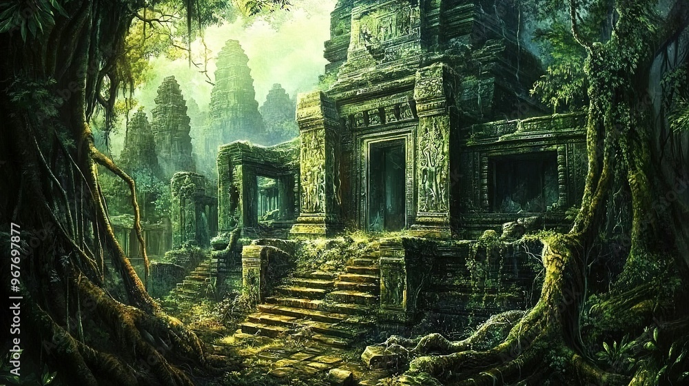 Poster ancient temple surrounded by lush greenery in a mystical forest setting during daylight hours