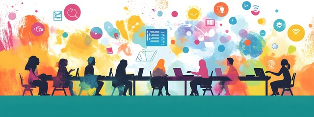 Obraz premium A vibrant illustration of an interactive digital conference room, with people gathered around tables using laptops and tablets to engage in lively discussions about global market trends and product