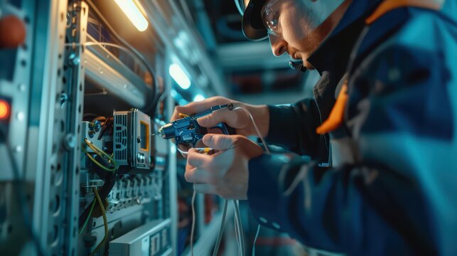 A technician working on electronic equipment, focused and precise while troubleshooting and wiring in a modern control room.