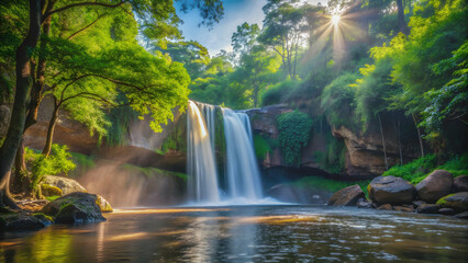 Naklejka premium Heo Suwat Waterfall in Khao Yai National Park, Thailand, waterfall, nature, landscape, scenic, flowing water, stream