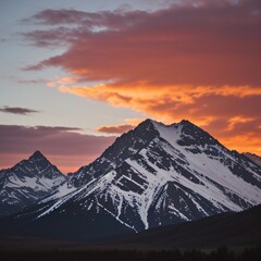Obraz premium Breathtaking Sunset Over Snow-Capped Mountain Peaks and Forests..