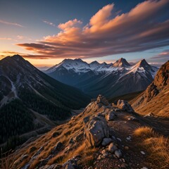 Breathtaking Sunset Over Snow-Capped Mountain Peaks and Forests..