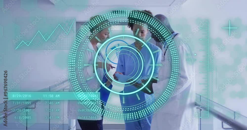 Poster animation of data processing and diagrams over diverse doctors talking