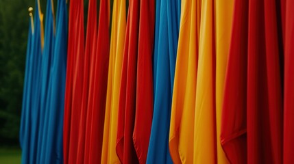Vibrant Row of Colorful Flags Hanging in the Wind