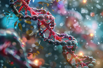 A vibrant representation of a double helix DNA structure, showcasing intricate details amid a colorful background with a dreamy effect