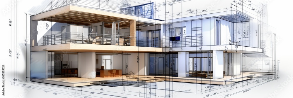 Poster vision of architecture of a 3d model house project with blueprint