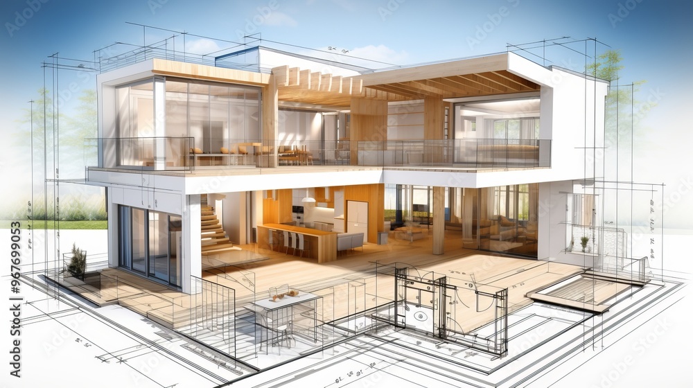 Poster vision of architecture of a 3d model house project with blueprint