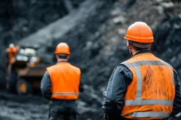 Back view of a mining engineer at a mine site. Male workers in mining