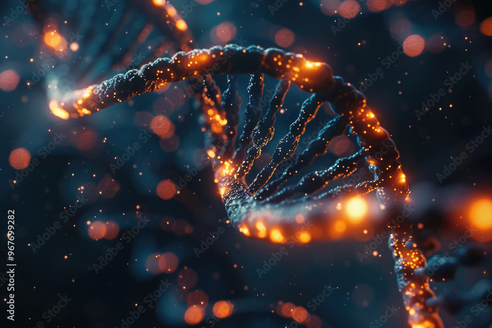 Poster the luminous strands of a dna double helix twist and glow in a dark environment, illustrating the co