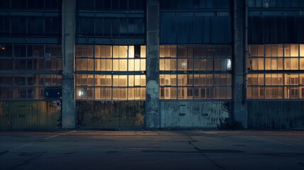 An old warehouse with illuminated windows stands silently in the night, exuding a mysterious and slightly eerie atmosphere.