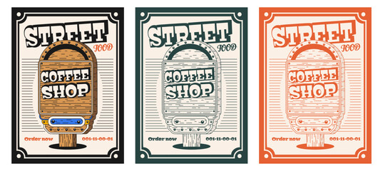 Poster of a coffee shop in the style of the 70s. Vector illustration of a coffee shop print in monochrome minimalism.