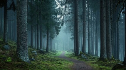 Fototapeta premium A serene walking path through a foggy forest surrounded by tall trees and lush greenery during early morning light
