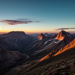 Naklejka premium Breathtaking Sunset Over Snow-Capped Mountain Peaks and Forests..