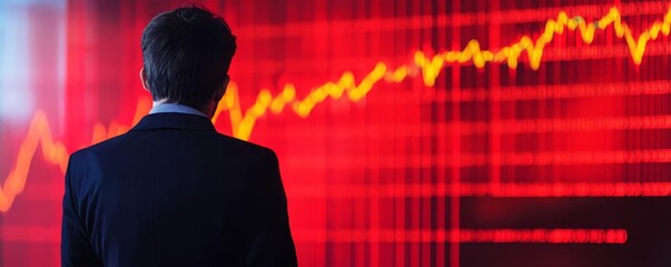 Businessman analyzing stock market trends with a focus on financial growth and data visualization in a vibrant environment.