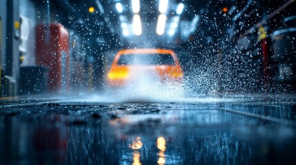 Fototapeta premium High-pressure water jets blasting dirt off a garage floor, vibrant splashes in slow-motion, modern tech vibe, neon lighting, ultra-detailed illustration