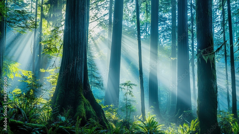 Poster sunlight filtering through tall trees in a serene forest, creating a tranquil atmosphere during earl
