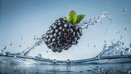 Levitating fresh blackberry with splashing against a blurred background, levitation, blackberry, fruit, splashing, fresh